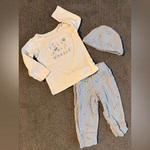 6 Month Carter's Paper Airplane Cream Baby Top with Blue Accent pants and hat